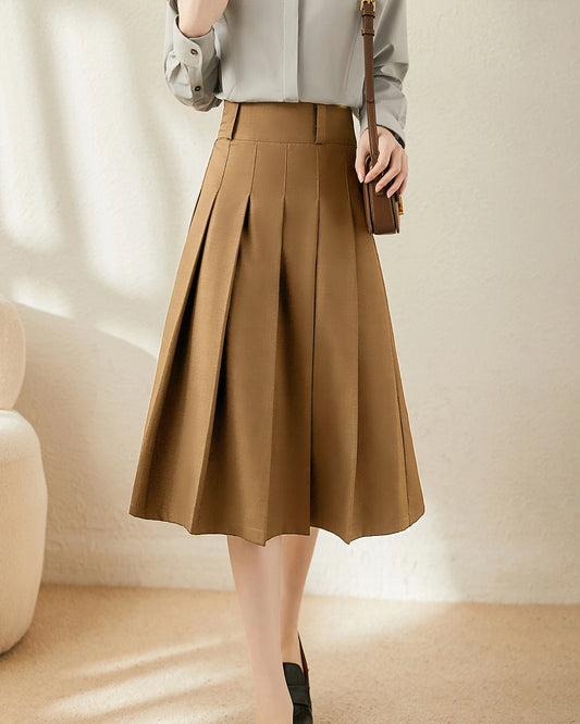 A Line Pleated Wool Midi Skirt Camel