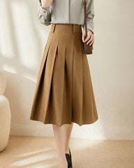 A Line Pleated Wool Midi Skirt Camel