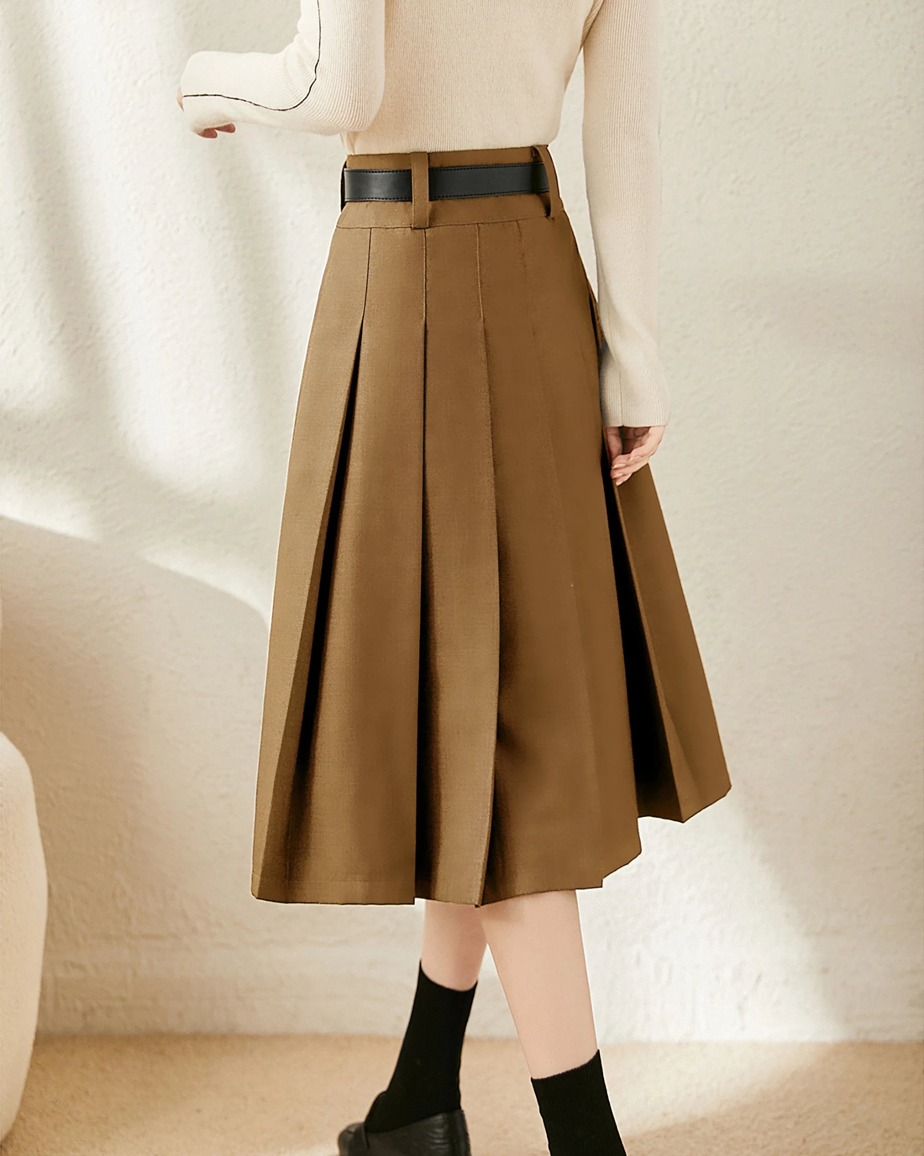 A Line Pleated Wool Midi Skirt Camel