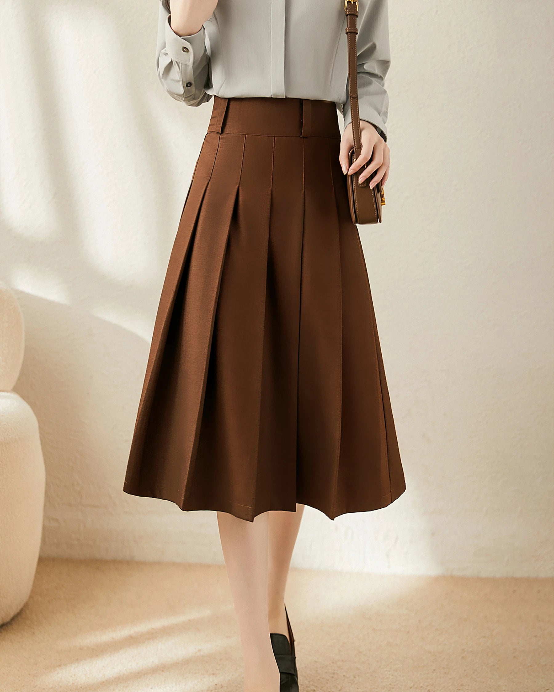 A Line Pleated Wool Midi Skirt Caramel