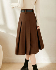 A Line Pleated Wool Midi Skirt Caramel