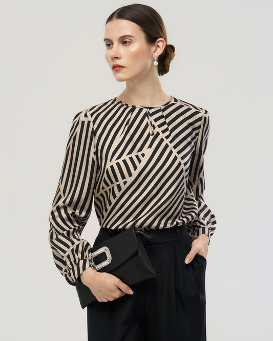 Abstract Stripe Silk Pleated Neck Blouse