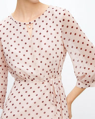 Apricot Brown Polka Dot Silk Midi Dress