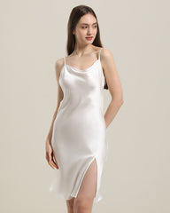 Backless Silk Slip Dress with Cowl Neck White
