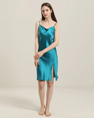 Backless Silk Slip Dress with Cowl Neck Peacock Blue