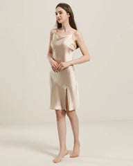 Backless Silk Slip Dress with Cowl Neck Champagne