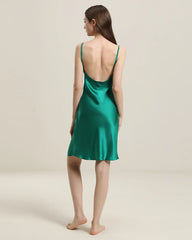Backless Silk Slip Dress with Cowl Neck Green