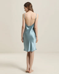Backless Silk Slip Dress with Cowl Neck Haze Blue