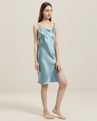 Backless Silk Slip Dress with Cowl Neck Haze Blue