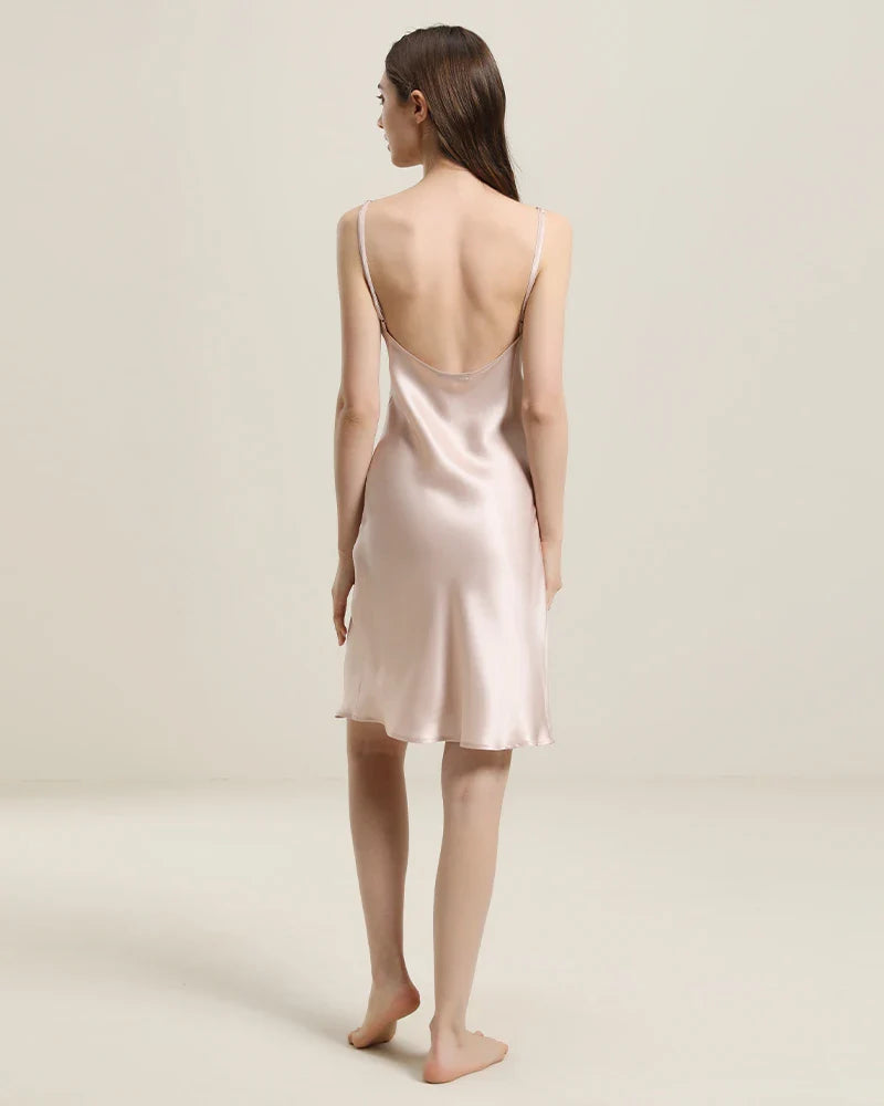Backless Silk Slip Dress with Cowl Neck Pink