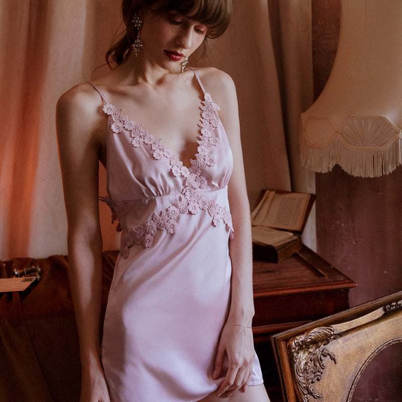 Backless Tie Silk Nightdress Pink