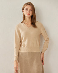 Basic V-Neck Relaxed Fit Cashmere Sweater Beige
