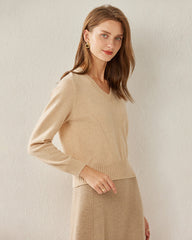 Basic V-Neck Relaxed Fit Cashmere Sweater Beige