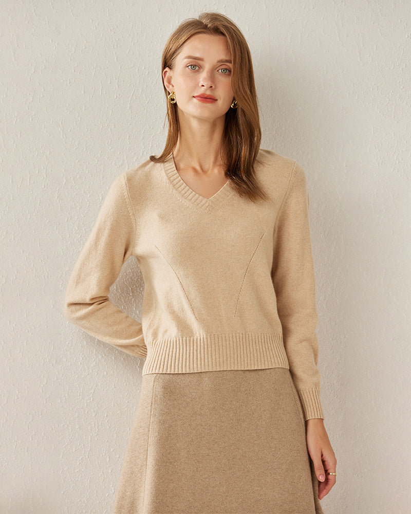 Basic V-Neck Relaxed Fit Cashmere Sweater Beige
