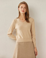 Basic V-Neck Relaxed Fit Cashmere Sweater Beige