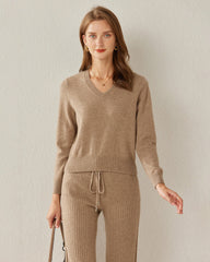 Basic V-Neck Relaxed Fit Cashmere Sweater Khaki