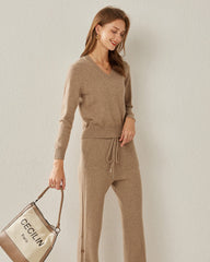 Basic V-Neck Relaxed Fit Cashmere Sweater Khaki