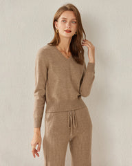 Basic V-Neck Relaxed Fit Cashmere Sweater Khaki