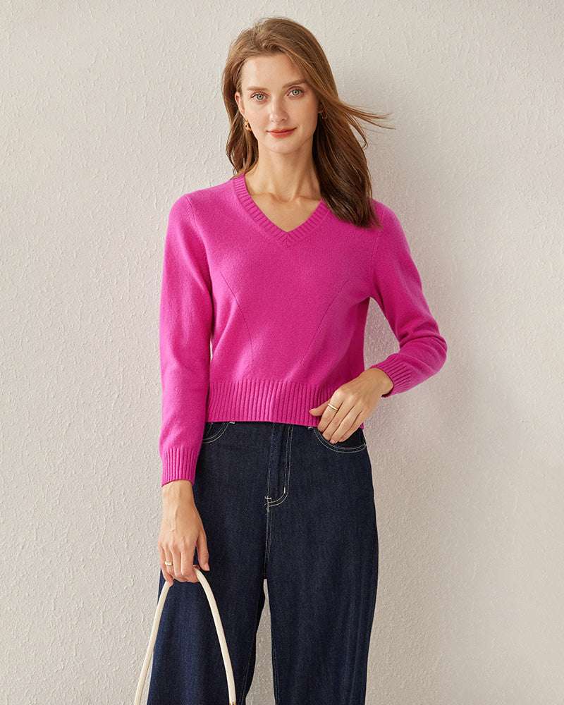 Basic V-Neck Relaxed Fit Cashmere Sweater Pink