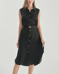 Belted Shirt Dress Sleeveless Silk Dress Black