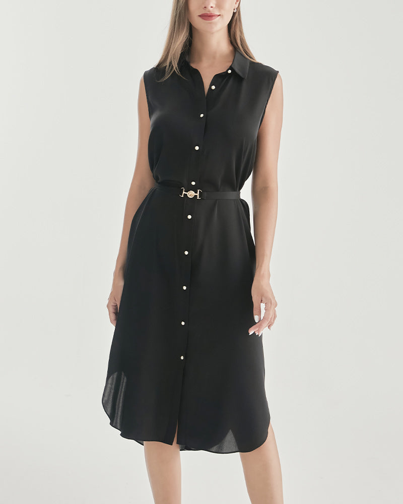 Belted Shirt Dress Sleeveless Silk Dress Black