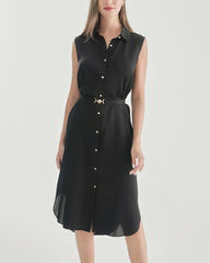 Belted Shirt Dress Sleeveless Silk Dress Black