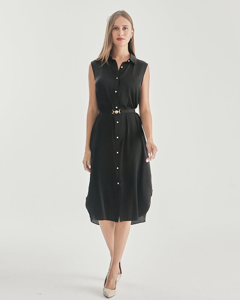 Belted Shirt Dress Sleeveless Silk Dress Black