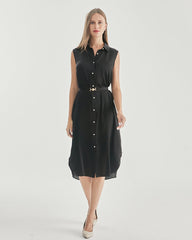 Belted Shirt Dress Sleeveless Silk Dress Black