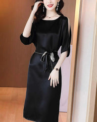 Belted Silk Midi Dress with Slit Shoulders
