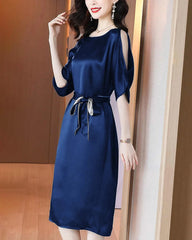 Belted Silk Midi Dress with Slit Shoulders