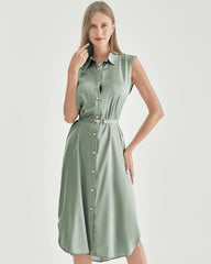 Belted Shirt Dress Sleeveless Silk Dress