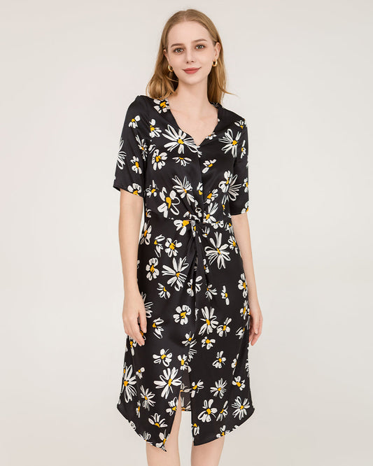 Daisy Print V-Neck Silk Midi Dress with Short Sleeves