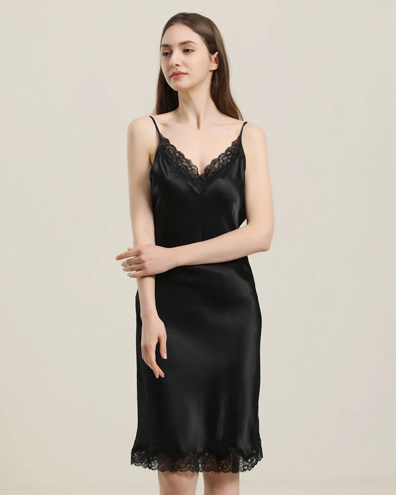 Silk Nightgown with Delicate Lace Details Black