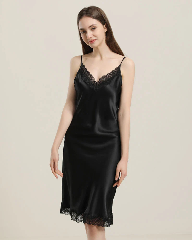 Silk Nightgown with Delicate Lace Details Black
