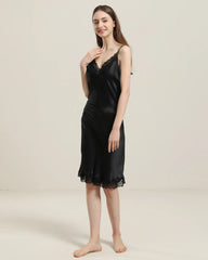 Silk Nightgown with Delicate Lace Details Black