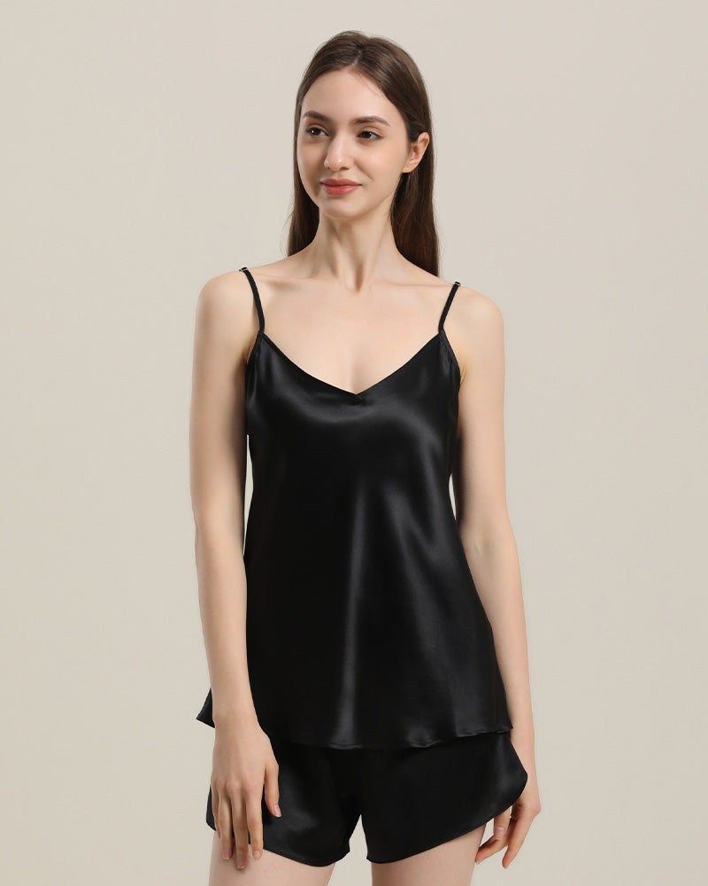 Simple Short Camisole Silk Pajama Set Black
