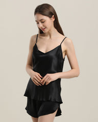 Simple Short Camisole Silk Pajama Set Black