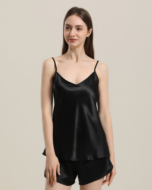 Simple Short Camisole Silk Pajama Set Black