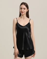 Simple Short Camisole Silk Pajama Set Black