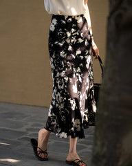 Black and White Floral Silk Skirt