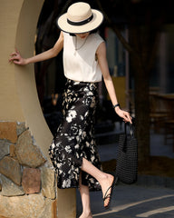 Black and White Floral Silk Skirt
