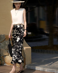 Black and White Floral Silk Skirt