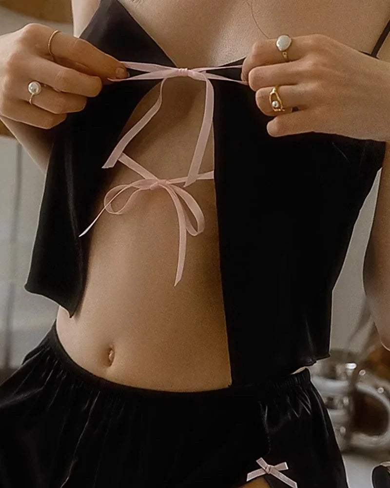Bow Silk Camisole and Short Set Black