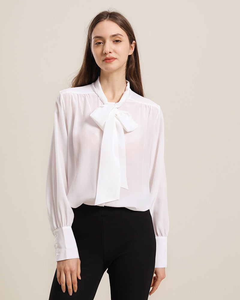 Bow-tie Neck Silk Blouse White