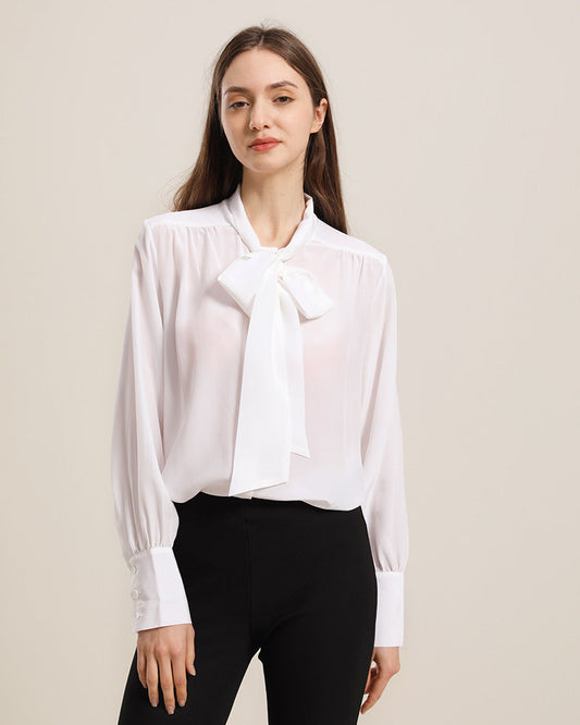 Bow-tie Neck Silk Blouse White