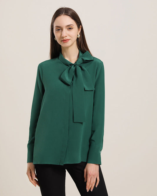 Bow-Tie Silk Shirt for Women Dark Green