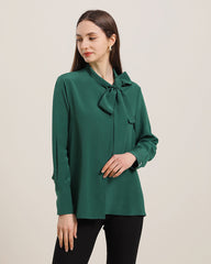Bow-Tie Silk Shirt for Women Dark Green