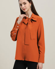 Bow-Tie Silk Shirt for Women Orange