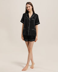 Button Up Silk Short Pajama Set Black