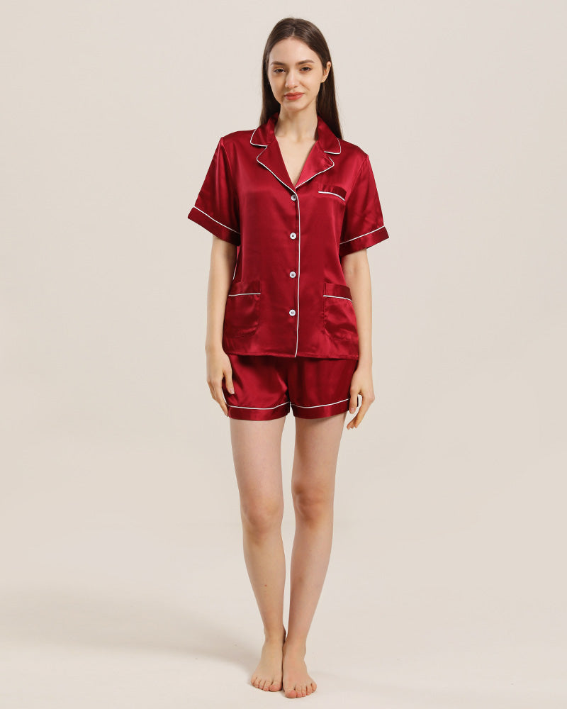Button Up Silk Short Pajama Set Burgundy